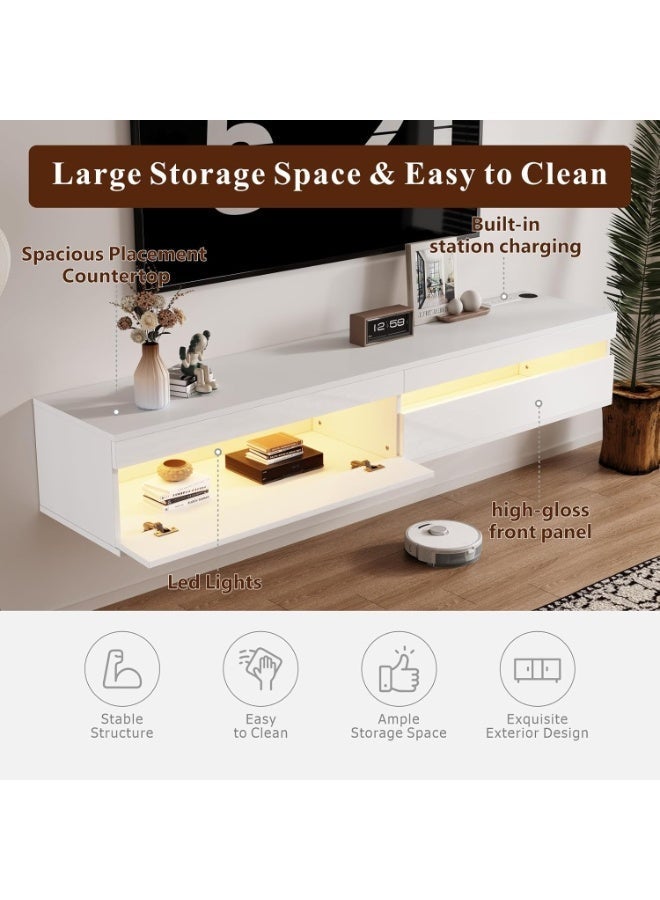 CityRiya-Long Floating TV Stand, 160cm TV Table, Wall Mounted Tv Shelf with Led Lights, Entertainment Center Media Console Table with Storage for Living Room, TV Cabinet for 65/75/80 inch Television (White) - Image 4